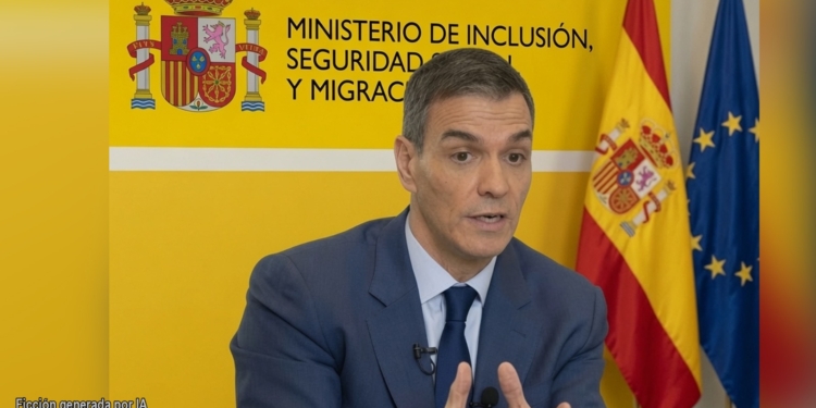 ¡Frenazo a Sánchez! El Supremo baraja tumbar su plan de regularización masiva. Pedro Sánchez hablando en rueda de prensa con el escudo del Ministerio de Inclusión al fondo.