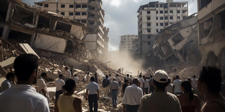 Terremoto y represión: el chavismo prefiere muertos que ayuda. Escena de destrucción tras un terremoto en Venezuela, con edificios derrumbados y personas entre los escombros.
