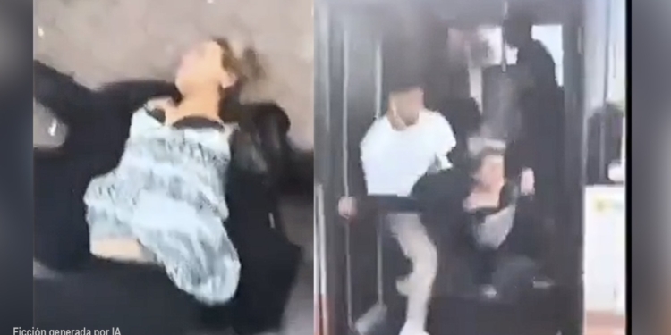 Vídeo del terrible empujón a una embarazada en un autobús por un refugiado musulmán. Secuencia de imágenes de un incidente en un autobús donde una mujer embarazada es empujada, generado por IA.